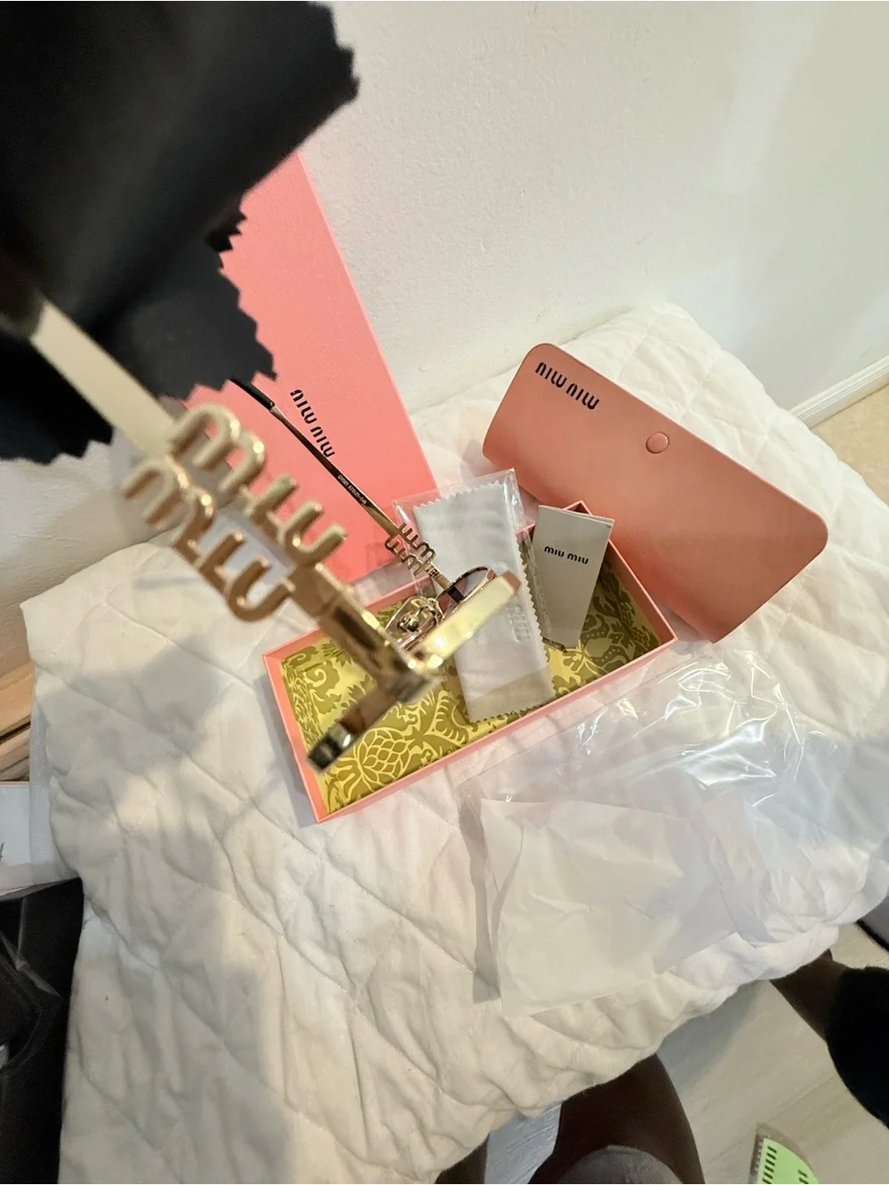 Miu Miu Gold Frame Black Lens Sunglasses with Pink Case